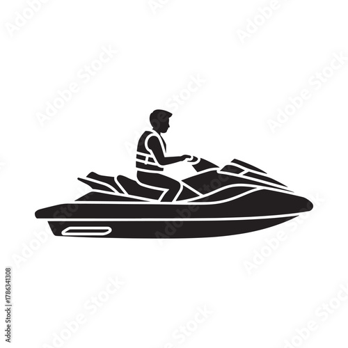 Silhouette of a person riding a jet ski on a white background