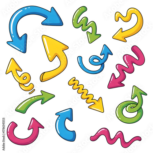 Collection of colorful wavy and curved arrows isolated on transparent background