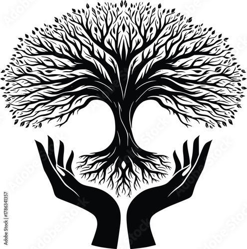Hand holding life tree symbol. nature protection concept art.