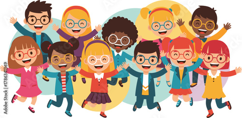 Diverse cartoon children celebrating, happy kids with raised arms, colorful outfits, unity and joy, flat vector, cad drawing illustration