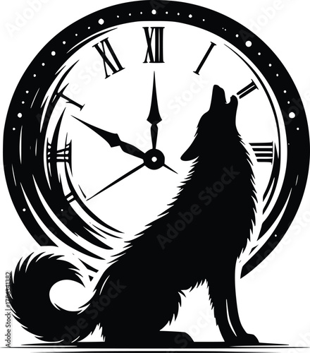 Howling wolf silhouette with vintage clock. time and nature concept.