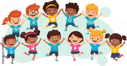 Cartoon children jumping together, diverse kids smiling, colorful outfits, joyful expressions, unity and celebration, flat vector, cad drawing illustration