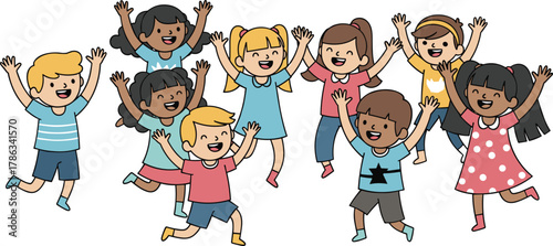 Cartoon children jumping together, diverse kids smiling, colorful outfits, joyful expressions, unity and play, flat vector, cad drawing illustration