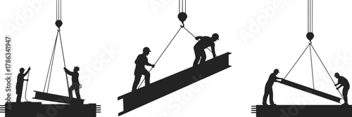 Construction workers silhouette, steel beam lifting, teamwork on site, crane operation, industrial safety, heavy metal handling, structural labor, building process
