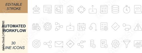 Automated workflow line icons featuring task, trigger, decision, integration, api, bot, dashboard, and efficiency. Perfect for system, business, and digital design. Editable stroke. 