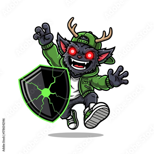 Personnage de dessin animé de monstre effrayant avec des bois et un bouclier vert, style hip-hop.