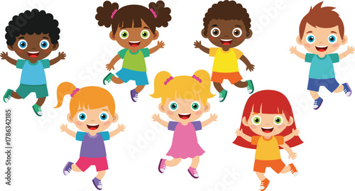 Jumping cartoon children, diverse kids group, happy childhood moment, playful energy, colorful outfits, flat vector, cad drawing, white background