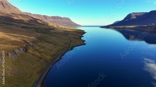 Aerial view of the scenery in a fjord of Iceland