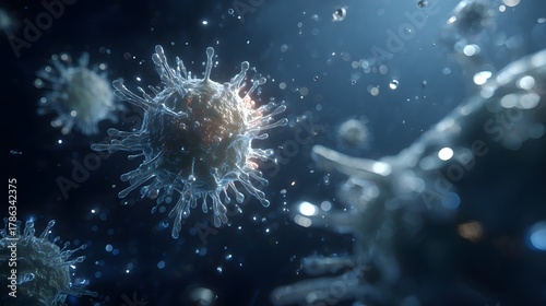 Microscopic view of virus particles floating in a dark blue liquid environment with bright highlights