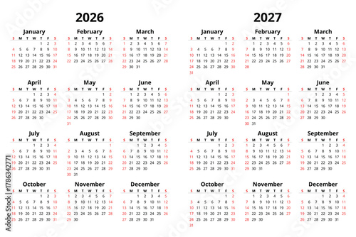 2026 and 2027 simple calendar. English year design (week starts sunday)