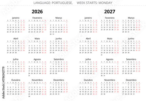 Portuguese calendar set for 2026 and 2027 year. Simple vector illustration Portugal