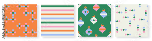 Set of seamless patterns designed in modern retro style containing graphical objects and bright winter color palette. Looks minimalist, fresh and interesting.