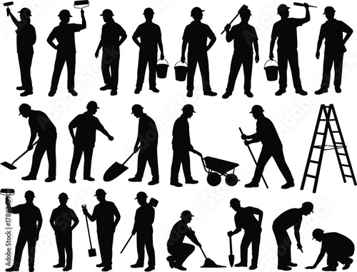 Construction workers silhouettes, manual labor, industrial tools, painting, shoveling, sweeping, teamwork, black icons, vector set, job site, equipment, safety, wheelbarrow, hammering