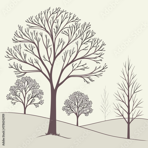 Illustration of a landscape with several bare trees on rolling hills in a minimalist style design