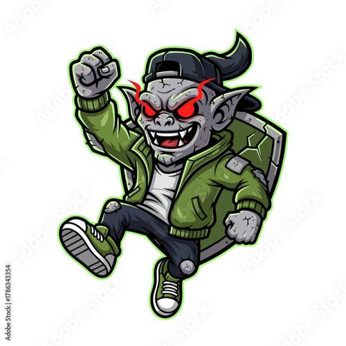 Personnage de dessin animé de monstre maléfique avec une veste verte et un chapeau.