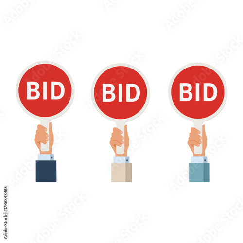Three diverse hands holding red circular 'BID' signs, symbolizing auction, bidding process, and competitive offers