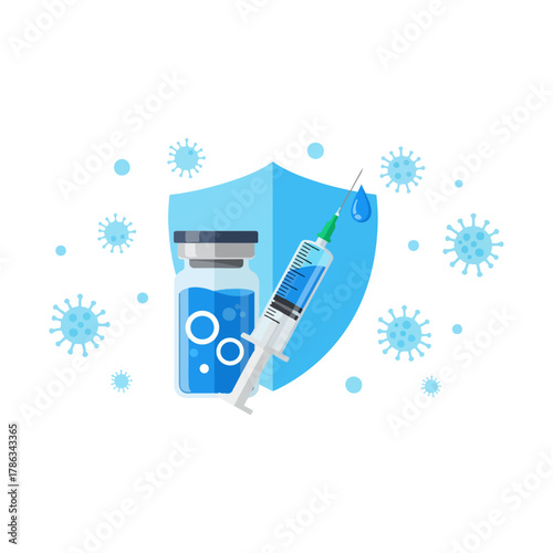 Vaccine vial and syringe protecting against virus with shield.