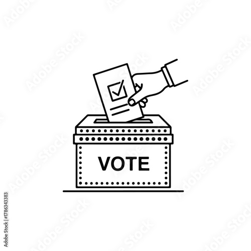 Voting ballot box with hand inserting vote, election participation icon, democratic process line art