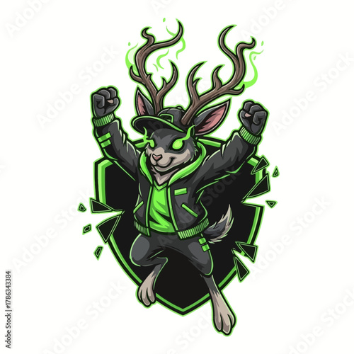 Un lapin stylé avec des bois de cerf et des flammes vertes, célébrant une victoire.