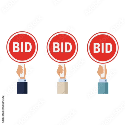 Illustrative hands holding prominent red circular 'BID' signs, symbolizing active participation in auctions, competitive offers, and tenders.