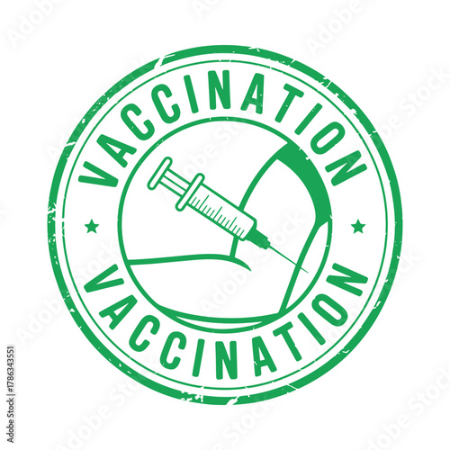 Green vaccination stamp with syringe and arm