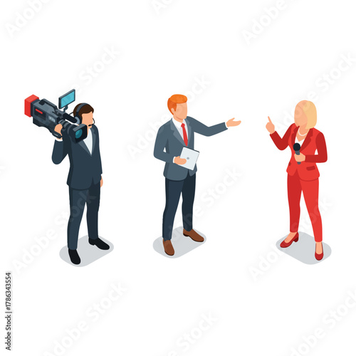 Isometric illustration of news crew, cameraman, reporter with tablet, female speaker with microphone