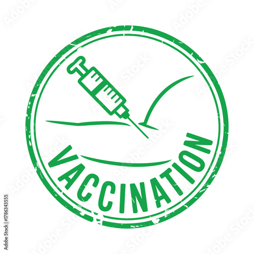 Green vaccination stamp with syringe and arm icon