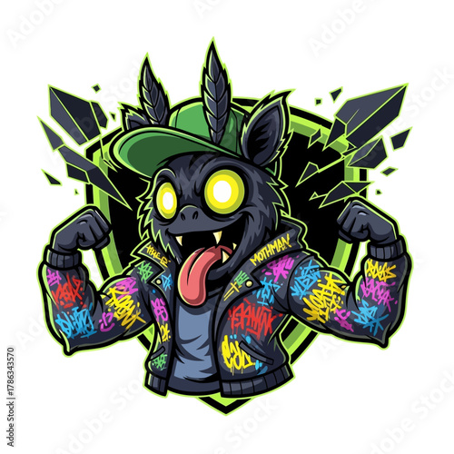 Personnage de dessin animé de loup-garou musclé avec une veste colorée et une casquette verte.