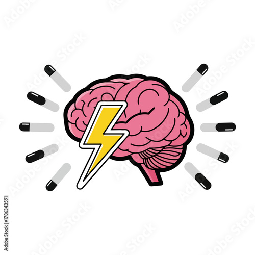 Powerful brain with lightning bolt, radiating pills, symbolizing mental energy, intelligence, health