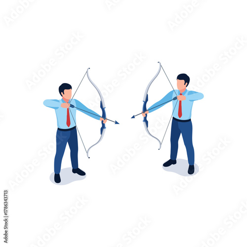 Two businessmen aiming bows and arrows, facing off in strategic business challenge, professional rivalry