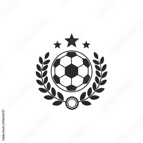 Black and white soccer ball logo with laurel wreath and three stars representing sports, achievement, victory.
