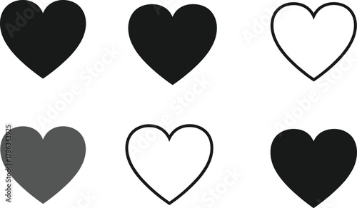 Heart icons in black and gray, solid and outline styles, minimal vector symbols for love, emotion, UI, graphic design, web