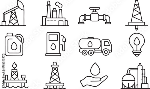Oil, Gas, Petroleum, and Energy Industry Line Icons Set