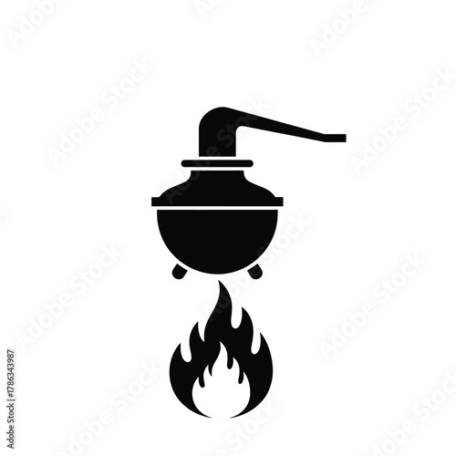 Black icon of alembic still over flames distillation