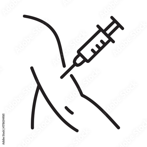 Medical syringe injecting into skin line art icon