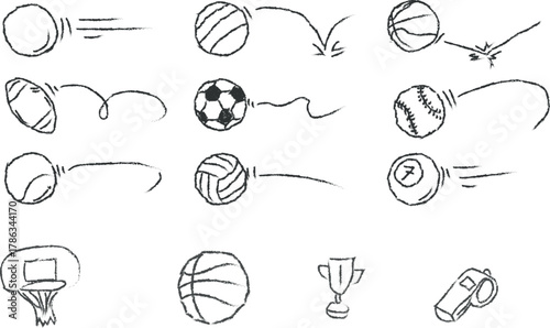 Hand Drawn Sports Balls Icon Set . Style Vector Illustration