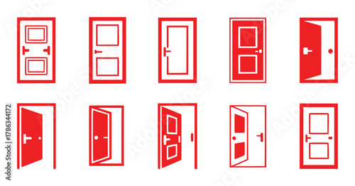 Collection of Red Door Icons Open, Closed, and Different Styles