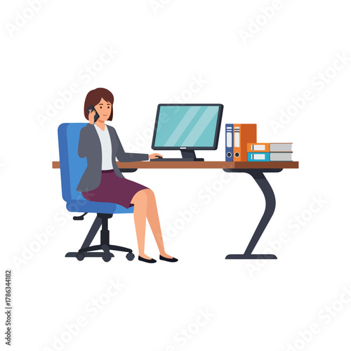Professional businesswoman working at her office desk, making a phone call, using computer, multitasking