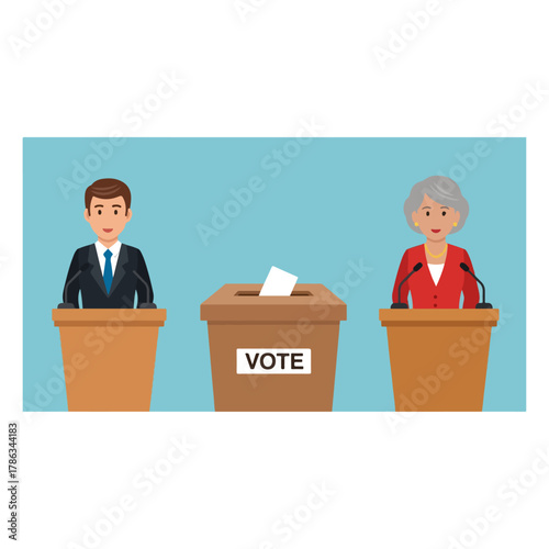 Political Candidates at Debate with Ballot Box for Voting.