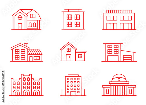 Collection of Red Line Art Icons Representing Various Buildings