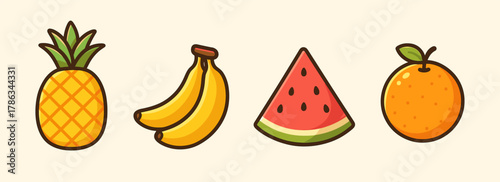 Cute tropical fruits icons collection including pineapple, banana, watermelon, and orange. Bright cartoon vector illustration with smooth outlines and vivid summer colors
