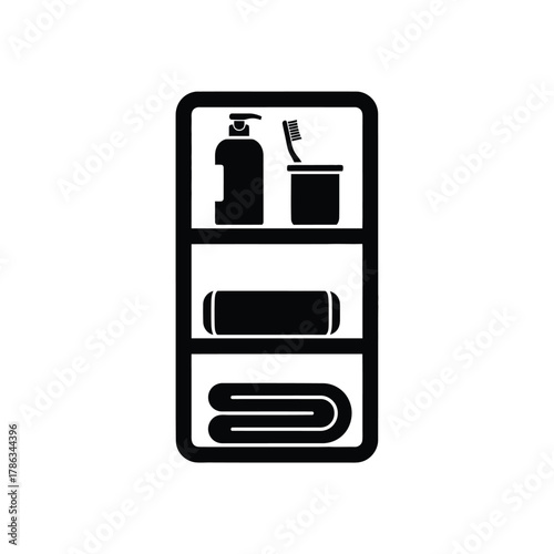 Black icon of bathroom shelf with toiletries and towels