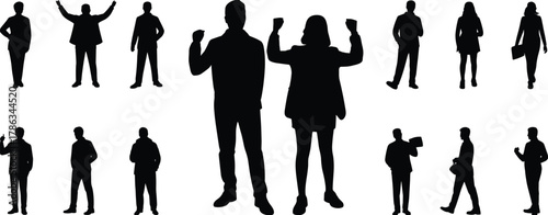 Silhouettes of diverse people standing and posing, business and casual individuals, teamwork expression, human figures collection, modern lifestyle representation