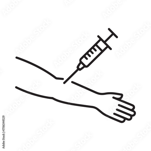 Medical syringe injecting fluid into a human arm icon