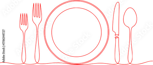 Minimalist Red Line Art of Plate, Forks, Knife, and Spoon