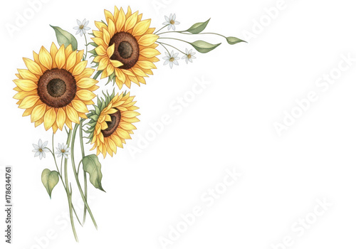 Corner arrangement of sunflowers small white flowers isolated on transparent background