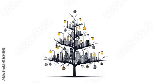 Stunning cityscape Christmas tree design merges urban development with festive holiday spirit, perfect for modern seasonal greetings and commercial campaigns.