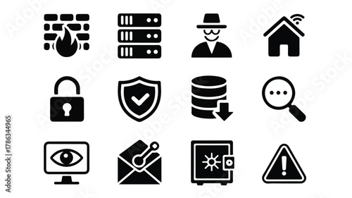 Cybersecurity icons firewall servers hacker house lock shield database search monitor envelope safe alert