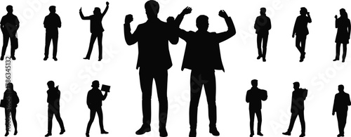Silhouettes of diverse people standing and posing, business professionals, casual individuals, teamwork concept, community identity, lifestyle representation, modern human figures