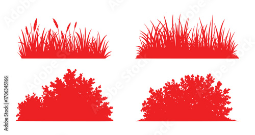 Red Grass and Bush Silhouettes on White Background